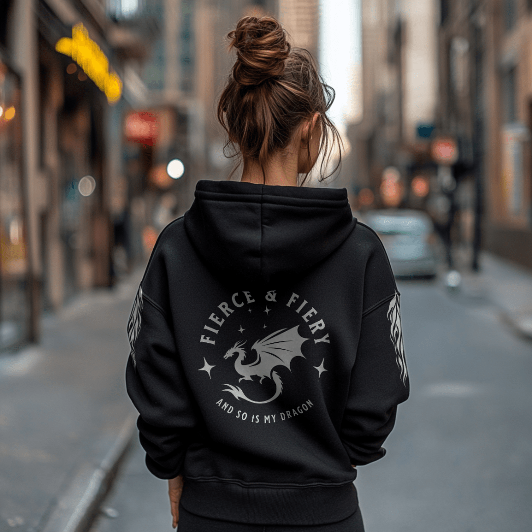 Fierce & Fiery Dragon Premium Hoodie [White logo] - Milady's Mythical Market